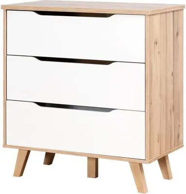 Image de Commode 3 Tiroirs,Reproduction Chêne et Blanc Mat, Pieds en Massif, Scandinave, L 80 cm, VANKKA