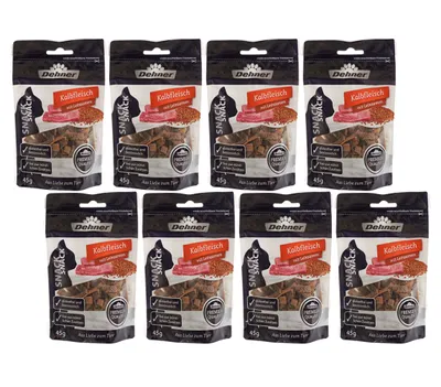 Produktbild von Dehner Premium Katzensnack, Leckerli glutenfrei / getreidefrei, Fleischstreifen für Katzen, Kalb / Leinsamen, 8 x 45 g (360 g)