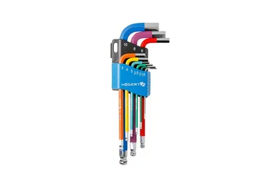 Produktbild von Högert Technik Sechskantschlüsselsatz Lang, 9-tlg, Multicolour, S2 Stahl - Kugelschall-Endung, Farbcodiert für Schnelle Größenidentifikation, DIN ISO 911 Norm