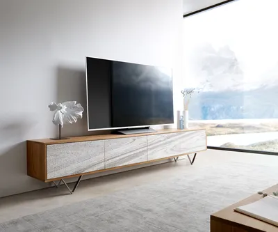 Produktbild von DELIFE Lowboard Kleo 220 cm Akazie Natur 4 Türen V-Fuß Edelstahl