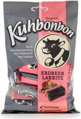 Produktbild von Kuhbonbon Erdbeer Lakritz einzeln verpackte Weichkaramellen 200g