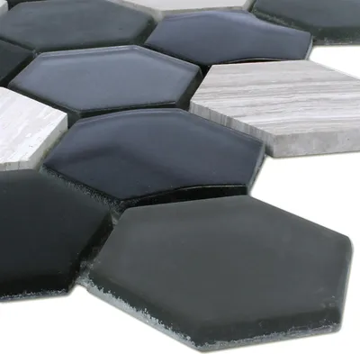 Produktbild von Mosaikfliesen Hexagon Glas Naturstein Iznik Schwarz Grau 3D