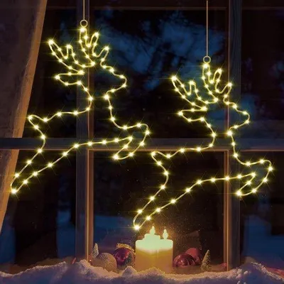 Productafbeelding van Rendierkerstdecoratie, lichtketting, 2 stuks 80 leds, werkt op batterijen, kerstverlichting, raamdecoratie met timer, 8 modi, kerstverlichting, decoratie voor ramen, balkon, warmwit