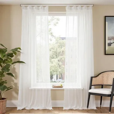 Image de Rideaux transparents Unyqoos® avec bande plissée – Lot de 2, polyester, dimensions 245 x 140 cm, translucides avec protection de l'intimité, idéaux pour le salon et la chambre