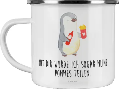 Produktbild von Mr. & Mrs. Panda Emaille Tasse Pinguin Pommes - Weiß - Geschenk, Freund, Becher, Haferl, Valentinstag, Teetasse, Freundin, Liebesbeweis, für Frauen, Hochzeitstag, Pott