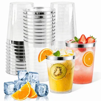 Imagen del producto de Juego de 30 vasos de plástico reutilizables, de 300 ml, color plateado, para fiestas