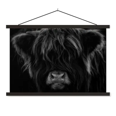 Produktbild von MuchoWow® Textilposter Schottischer Highlander - Kuh - Schwarz - Weiß - Porträt 120x80 cm mit schwarzem Rahmen - Wanddeko