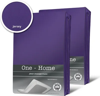 Two purple packaged bed sheets are shown against a white background. A close-up inset shows the texture of the fabric labeled 'Jersey'.
