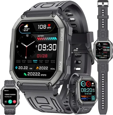 Produktbild von Herren Smartwatch mit Telefonfunktion, AMOLED 5ATM wasserdichte Fitness Taschenlampe Schrittzähler, Herzfrequenz, SpO2, Sportuhr, Aktivitätstracker
