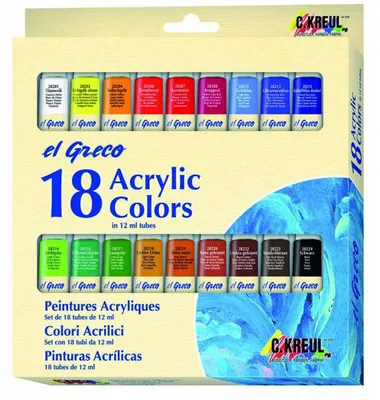Obrázek produktu pro KREUL 28251, Černá, Modrá, Hnědá, Zelená, Červená, Bílá, Žlutá, Akrylová barva, Tekutina, 12 ml, 18 kusů