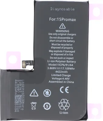 Produktbild von Akku für Apple iPhone 15 Pro Max, diagnosable, Li-Polymer, 3,86V, 4422mAh, 17,1Wh