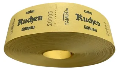 Produktbild von Bonrolle KUCHEN gelb dreisprachig 1000 Abrisse perforiert fortlaufend nummeriert
