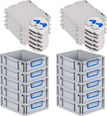Produktbild von SuperSparSet 10x Eurobox NextGen Color mit Scharnierdeckel und Schiebeschnappverschlüssen | HxBxT 12x30x40cm | 11 Liter | Grau | Griffe blau geschlossen | Glatter Boden | Eurobehälter, Transportbox, Transportbehälter, Stapelbehälter