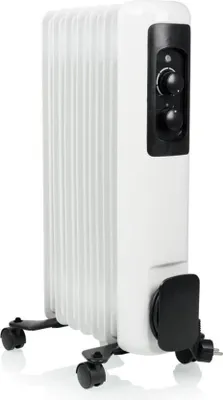 A white oil-filled radiator with black controls and wheels, shown on a white background.