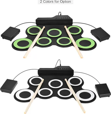 Immagine prodotto di Batteria elettronica digitale portatile roll-up di dimensioni compatte, 7 pad in silicone, alimentata via USB, con bacchette, pedali e cavo audio da 3,5 mm per esercitarsi con principianti e bambini