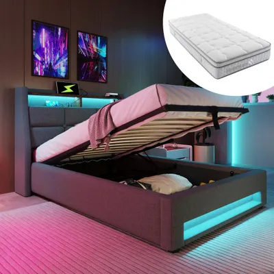 Obrázek produktu pro Jednolůžko z lněného materiálu s LED osvětlením a USB porty, kovový rošt, čalouněné postel pro mládež, rozměry 90x200 cm (včetně matrace)