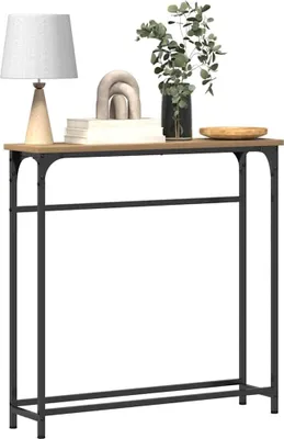 A console table with decorative items on top, set against a white background.