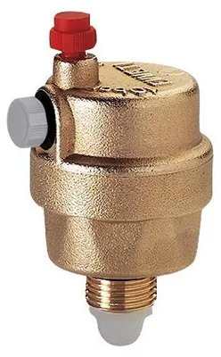 A close-up studio shot of a brass automatic air vent valve.