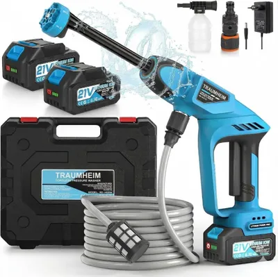 Produktbild von Akku Hochdruckreiniger, 65 Bar / 928 PSI, inkl 2x 21V 4000mAh Akkus,  6-in-1 Multi-Sprühdüse 5M Schlauch für Auto, Terrasse, Garten, Zaun, Pool