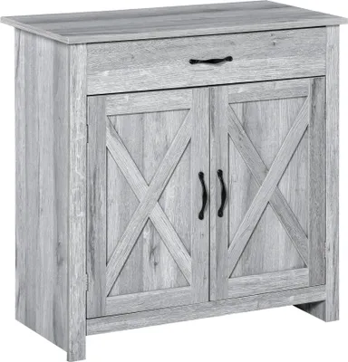 Image de HOMCOM Buffet 2 portes tiroir style rural chic placard avec étagère poignées métal noir MDF panneaux particules aspect bois gris clair