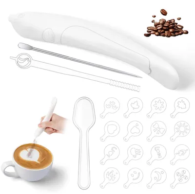 Produktbild von Elektrischer Latte Art Pen - Präzisions-Kaffeeschnitzstift mit 16 Kaffee-Schablonen - für Kakao, Latte, Kaffeesatz und Zucker