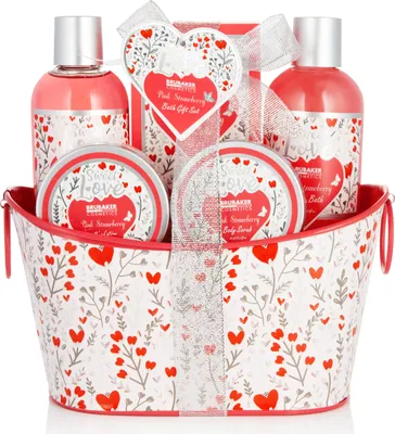 Produktbild von BRUBAKER Cosmetics 6-tlg. Bade- und Dusch Set Erdbeere Sweet Love im Deko Metallkorb - Pflegeset Geschenkset mit Blumen Design - Pink