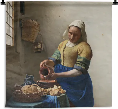 Produktbild von MuchoWow® Wandteppich Wandbehang Das Milchmädchen - Kunst - Alte Meister - Vermeer 90x90 cm Tapisserie Dekoration Wandtuch - Wandaufhänger