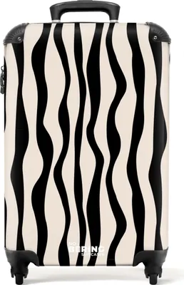 Produktbild von NoBoringSuitcases.com Hartschalen Handgepäck Koffer 55x35x20 cm, 36L, Abstrakte Drucke für Frauen: Beige mit schwarzen Wellenlinien, Reisekoffer mit 4 Rollen