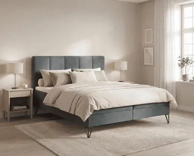 Obrázek produktu pro Postel s pružinovou základnou 140x200 cm, model Riviera, s nožkami, včetně matrace, vrchní matrace a úložného prostoru - šedá barva, Obrázek vytvořený pomocí AI