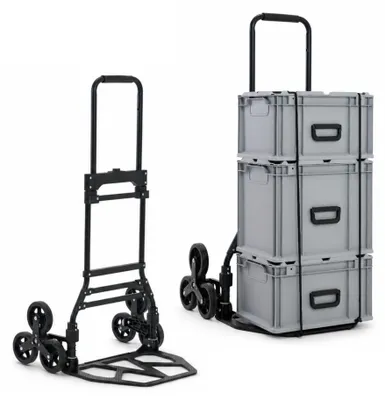 Produktbild von Klappbare Alu-Treppensackkarre ELEPHANT | Traglast 150kg | HxBxT 112x49x58cm | Aluminiumrahmen, ergonomische Griffe, pannensichere Vollgummibereifung | Schwarz | Treppensteiger Transportkarre Staplerkarre