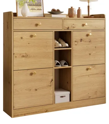 Produktbild von Schuhschrank - 110x26x100 cm, Holzfarben - 4 Klapptüren, 2 Schubladen und 3 offene Fächer - Platzsparend