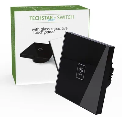 Obrázok produktu pre Dotykový spínač Techstar® TG02, bezpečnostné sklo, moderný dizajn, LED osvetlenie, 1 fáza, čierna