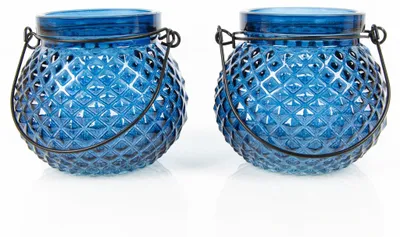 Produktbild von 2 Windlichter aus Glas mit Henkel Kerzenhalter dunkelblau maritim 10 cm