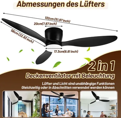 Zdjęcie produktu dla Wentylator sufitowy LED TolleTour z oświetleniem i pilotem, z regulacją jasności, do sypialni i salonu, 132 cm