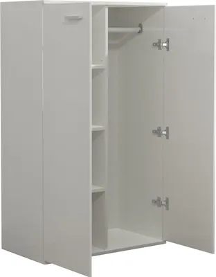 An open white wardrobe with shelves and a hanging rod.