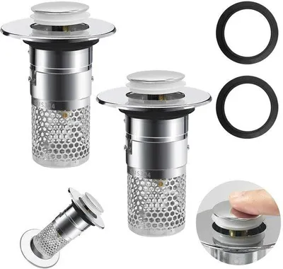 Zdjęcie produktu dla Zestaw korków odpływowych Ibenzoa® (2 sztuki) – korek typu "pop-up" z filtrem do włosów, uniwersalny, średnica 34–40 mm, mosiądz i stal nierdzewna, do łazienki i kuchni