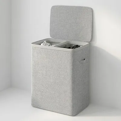 Productafbeelding van MAZAZU Wasmand met 2 Vakken - 100 Liter - Wassorteerder met Deksel - Uitneembare Waszakken - Lichtgrijs - Opvouwbare Wasbox voor Badkamer & Slaapkamer