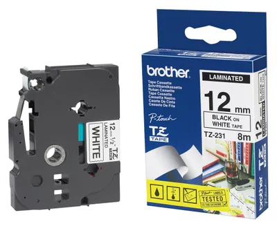 A Brother P-touch TZe-231 label tape cartridge and its packaging are shown against a white background.