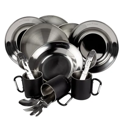 Produktbild von Camping Geschirr Set Edelstahl 3 Personen Teller Besteck & Karabinertassen