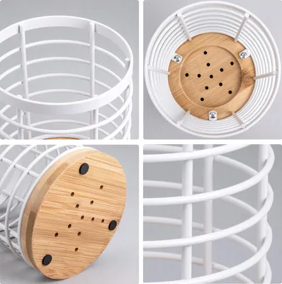 Produktbild von Küchenutensilienhalter - Besteck Organizer - Weiß - Metallgitter und Bambusbasis