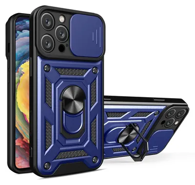 Produktbild von MobyDefend Hülle für iPhone 16 Pro Max - Panzerhülle mit drehbarem Ring und Standfunktion - Blau