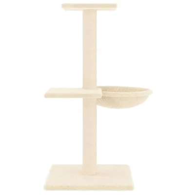 A cream-colored cat tree with sisal scratching posts, a platform, and a basket.