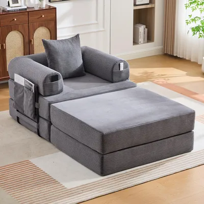 Produktbild von Cord-Kompressionssessel mit Hocker Metallrahmen Seitentasche Kissen 112x190x67 cm dunkelgrau