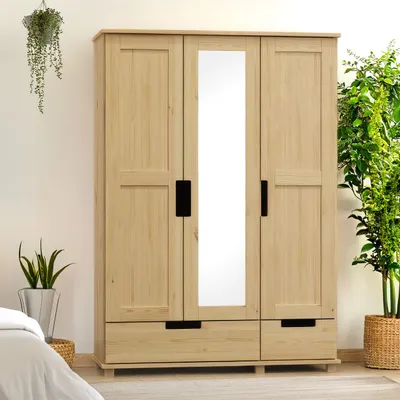 Produktbild von Kleiderschrank | 3 Drehtüren | 2 Schubladen | 4 Fächer | mit Kleiderstange | 120 cm breit | Massivholz | Farbe: Natur