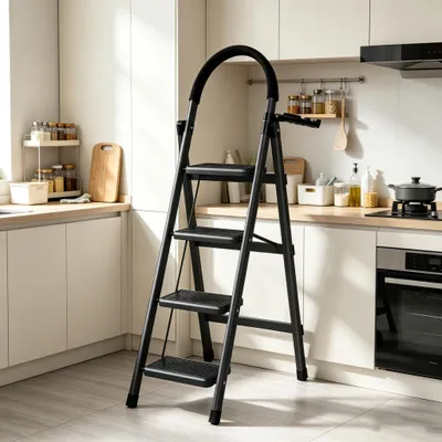 Produktbild von 4 Stufen Trittleiter,Kompaktes Klappleiter Für Erwachsene,rutschfeste Kunststoff Pedale,Multifunktionale Tritthocker bis 120kg,für Küche,Garage & Büro