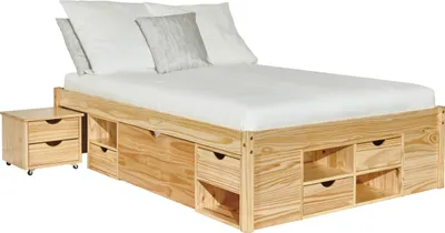 A wooden bed frame with storage drawers and a nightstand.
