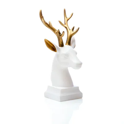 A white polyresin reindeer head figurine with gold antlers, displayed on a white background.