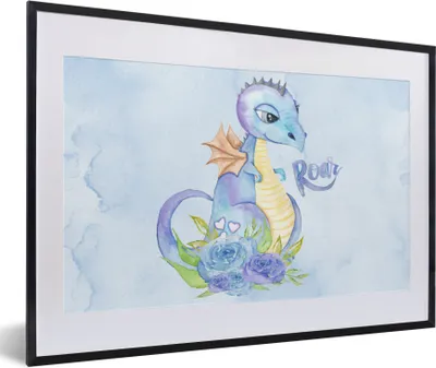 Produktbild von MuchoWow® Gerahmtes Poster Dino - Kinderzimmer - Aquarell - Jungen - Kinder 60x40 cm - Poster mit Schwarzem Bilderrahmen Wandposter Rahmen Foto Bilder - Schlafzimmer - Plakat in Rahmen - Drucken
