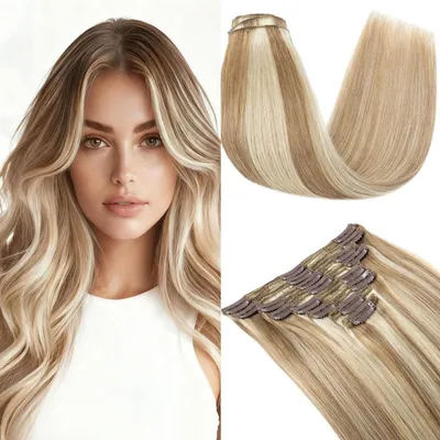 Immagine prodotto di Estensioni per capelli naturali, 8 pezzi, 25 cm, 110g, color biondo dorato, cucite due volte