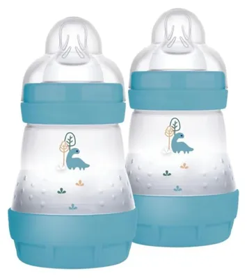 Produktbild von MAM Easy Start Babyflasche, 160 ml (2er-Set), Set mit 2 Anti-Kolik-Fläschchen für gemischtes Stillen, reduziert Luftblasen und das Risiko von Koliken, Babyzubehör mit Sauger Größe 1, Hellblau – Größe